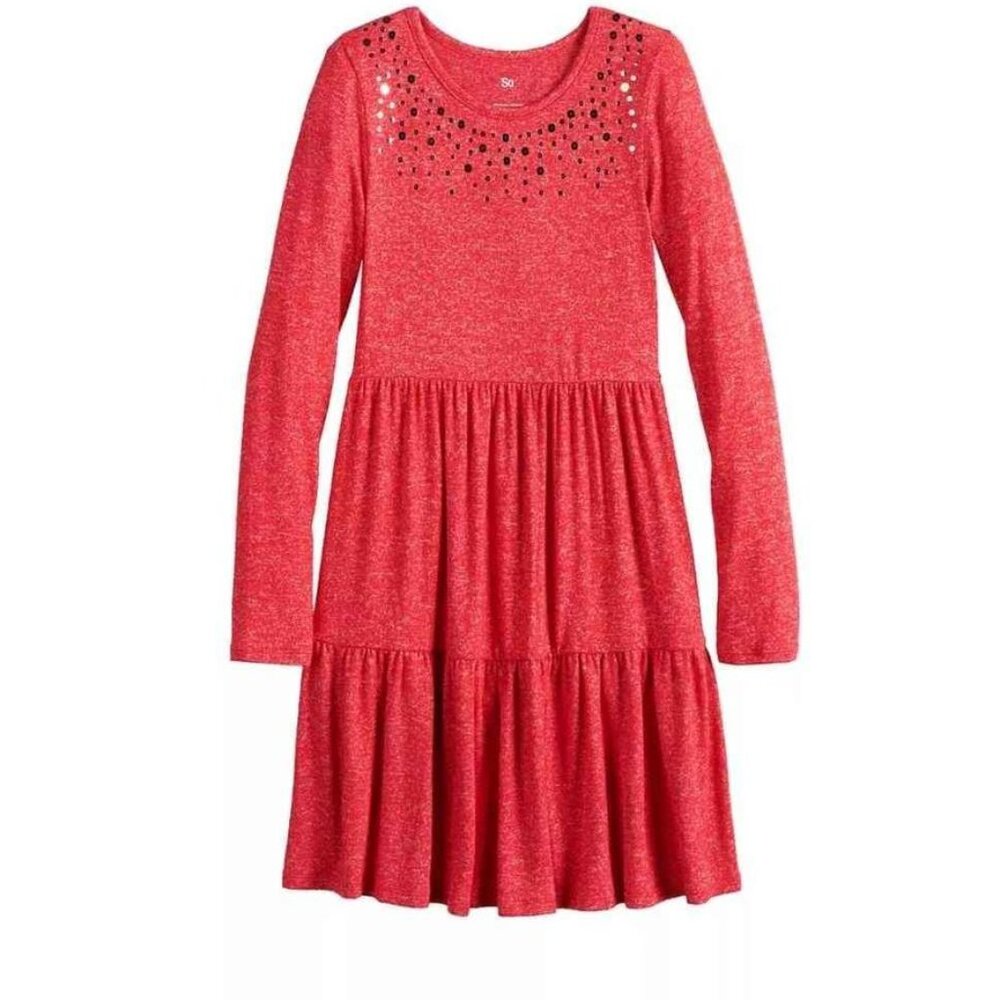 GIRLS "SO" Tiered Long Sleeve Skater Dress RED Christmas LARGE 10/12